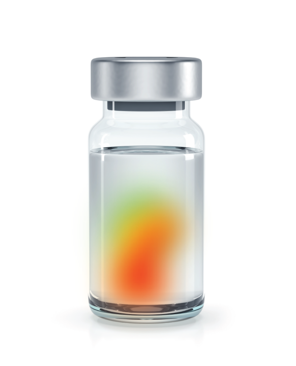 Clear vial, capped with liquid drug product inside and a red, yellow, green pressure map along the sidewall showing where there is high pressure impacting the container.
