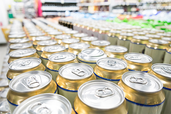 Beverage cans in a grocery store