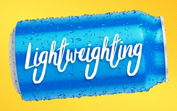 illustration of a beverage can and the text lightweighting superimposed on the can