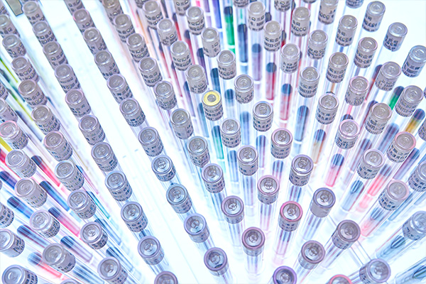 Overhead shot of rows of sealed medical vials