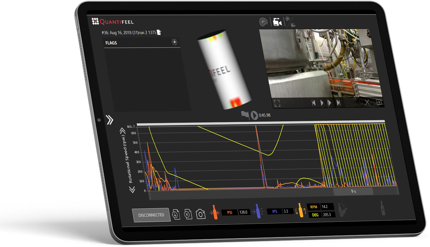 Tablet with Quantifeel Analyzer software showing pressure chart, video footage and pressure map identifying container damage.