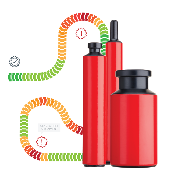 Group of pharma drones with a vial, cartridge and syringe and a line map illustrating forces behind.