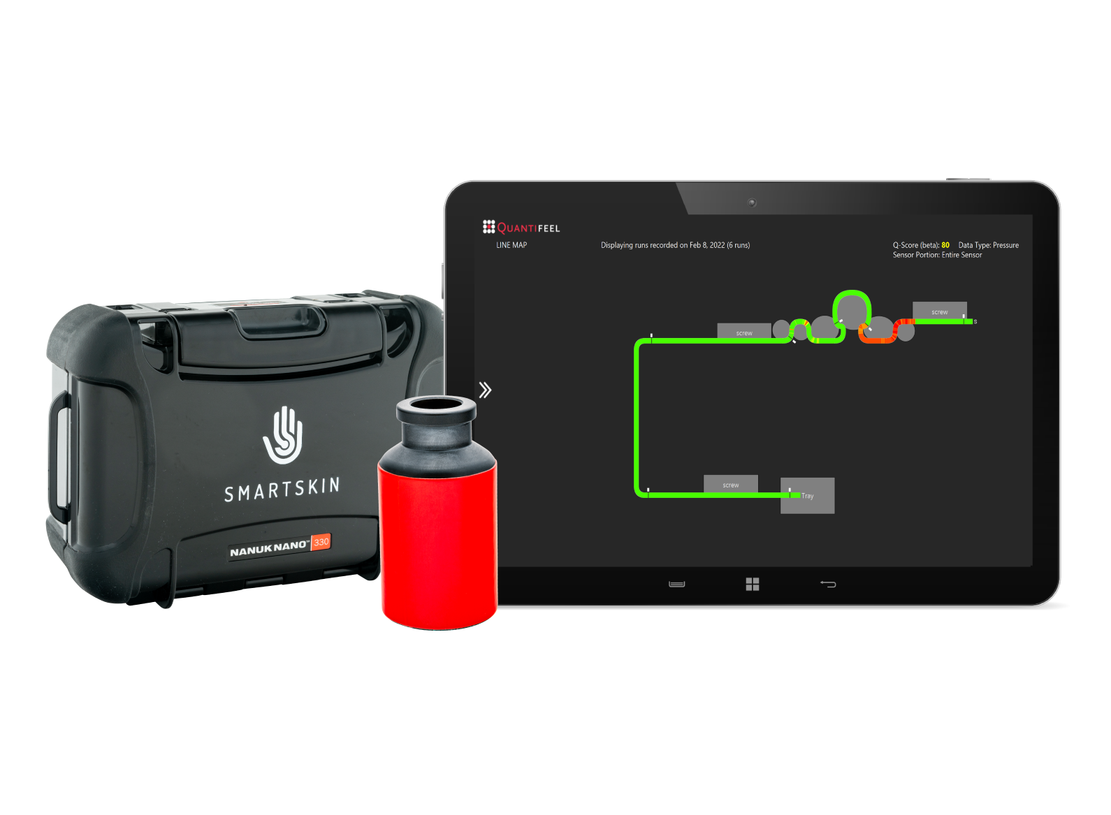 Tablet with Quantifeel Analyzer software showing a line map of pressure and shock data, with a vial drone and SmartSkin case.