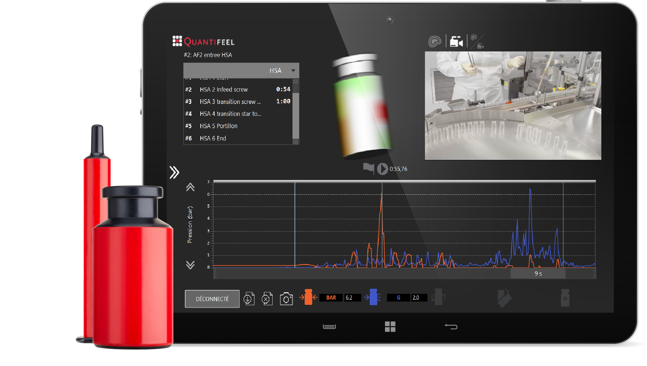 Tablet with Quantifeel Analyzer software showing pressure and shock charts, video footage, and vial pressure map with a syringe and vial drone.