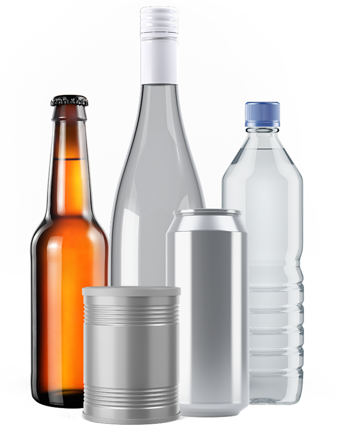 Group of beverage bottles and cans
