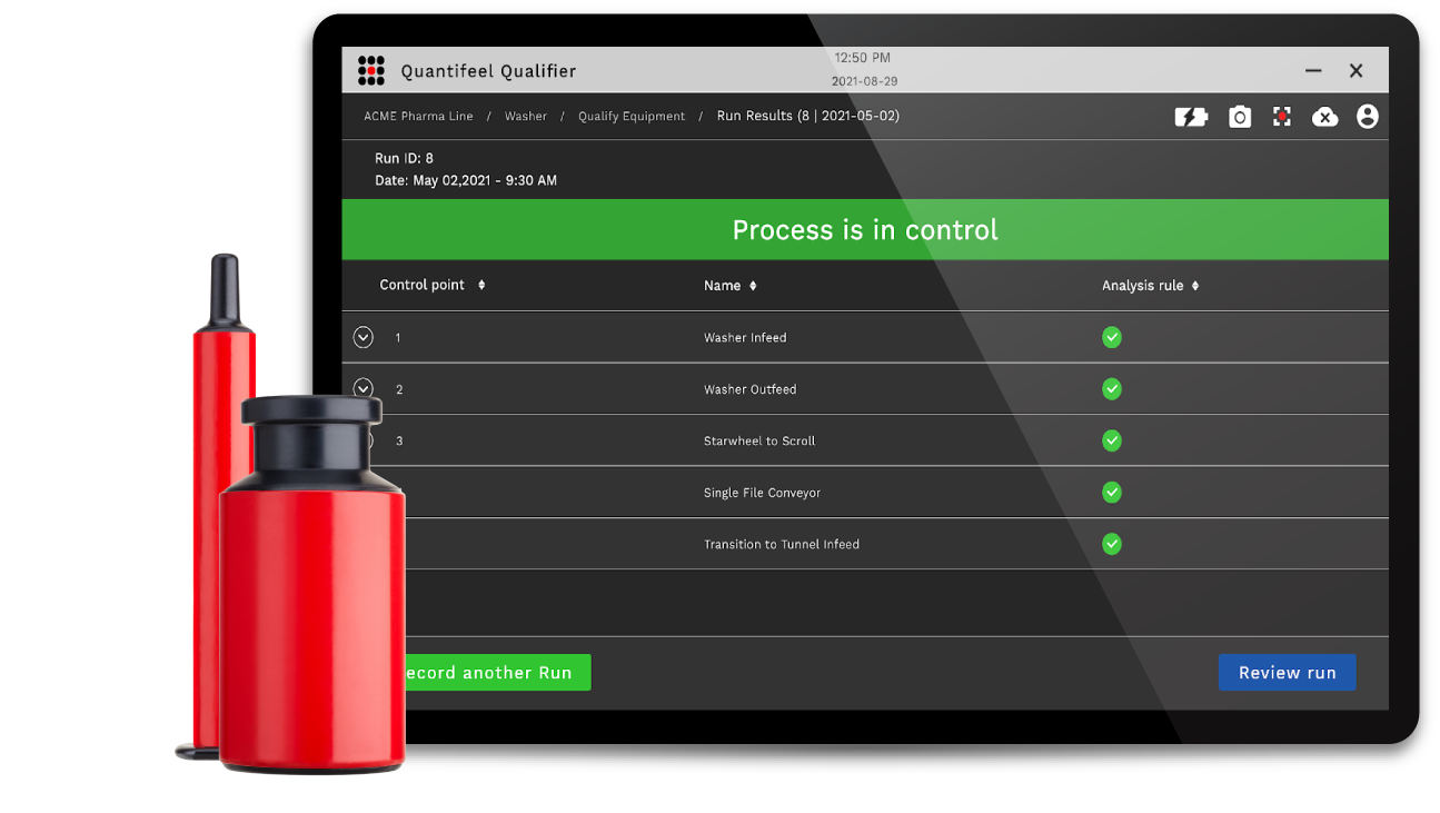 Tablet with a list of control points and green check marks indicating process in control