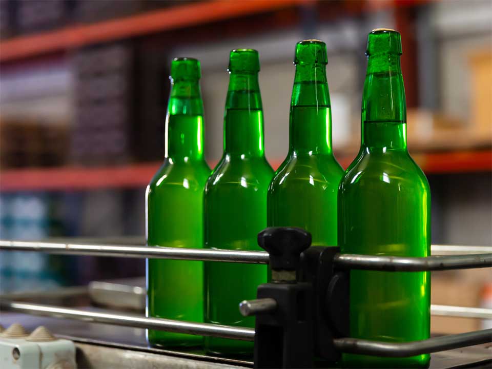 Green bottles lined up on production line