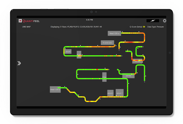 Tablet with SmartSkin's Quantifeel software with line mapping capabilities showing a pressure line map with red areas indicating high risk areas and green areas in control.
