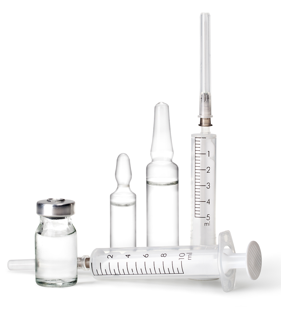 Group of clear pharmaceutical containers with a vial, two ampoules, and two syringes