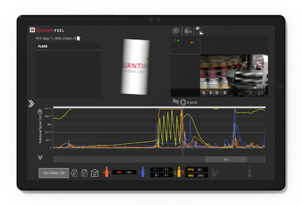 Tablet with SmartSkin's Quantifeel Analyzer software showing a pressure and shock chart and related video footage.
