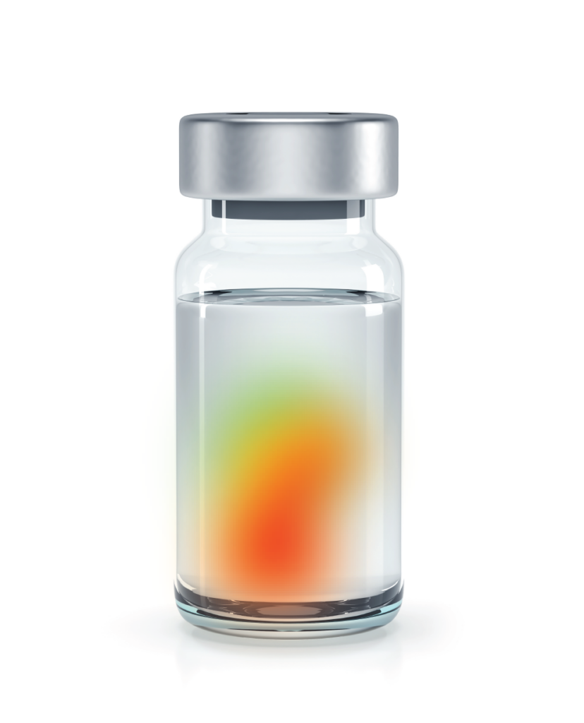 Vial drones with pressure map copy-01 Clear vial, capped with liquid drug product inside and a red, yellow, green pressure map along the sidewall showing where there is high pressure impacting the container.