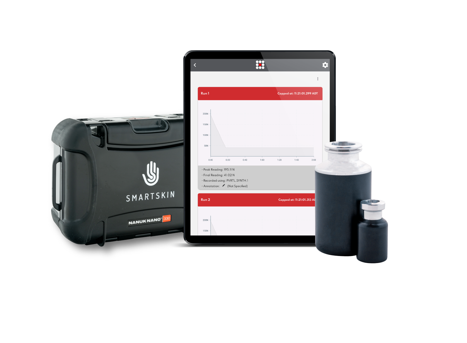 Tablet with Quantifeel Analyzer software showing pressure and shock charts, video footage, and vial pressure map with a syringe and vial drone.