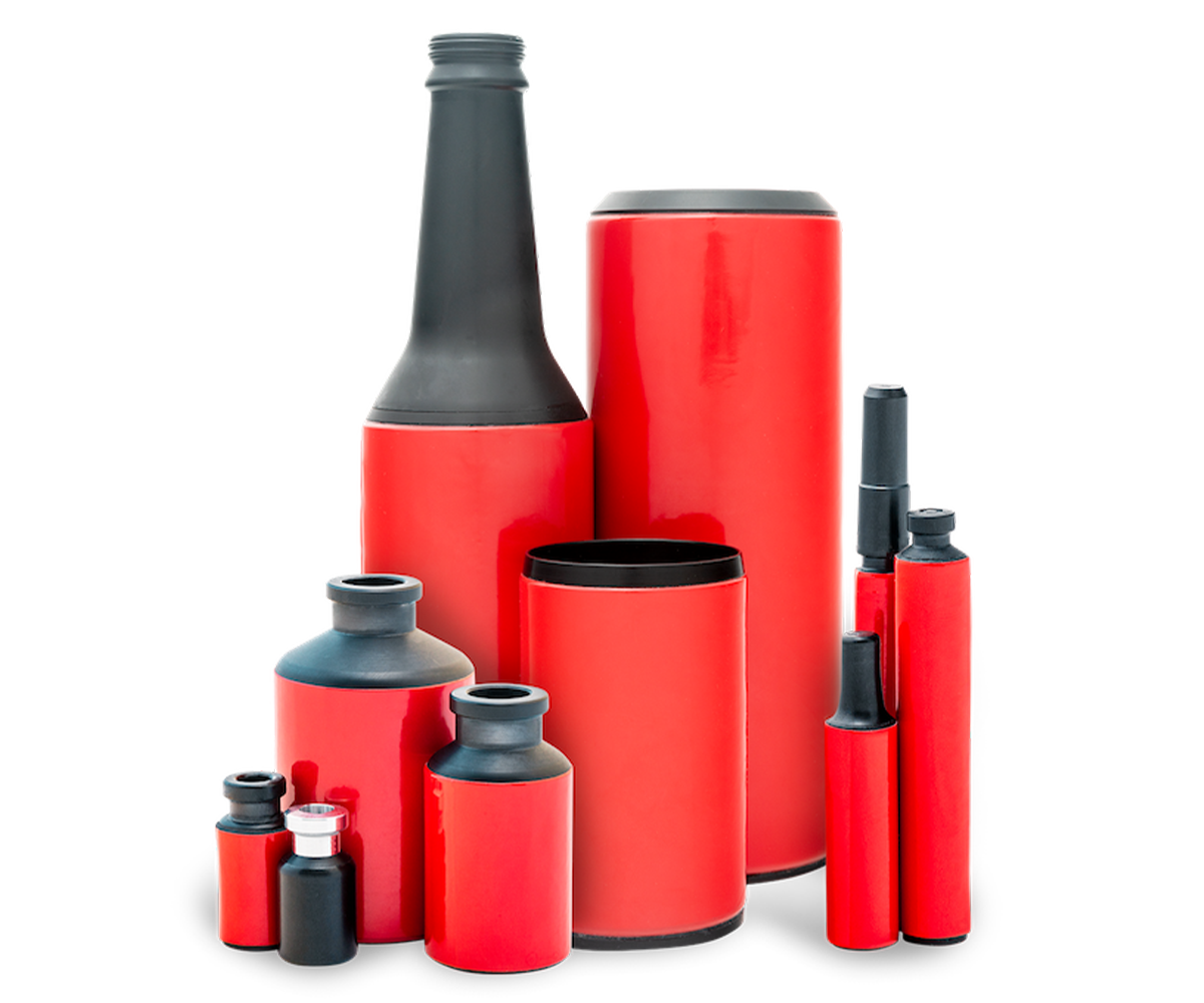 SmartSkin Container Twins Group of red and black beverage and pharmaceutical drones including cans, bottle, vials, and syringes.