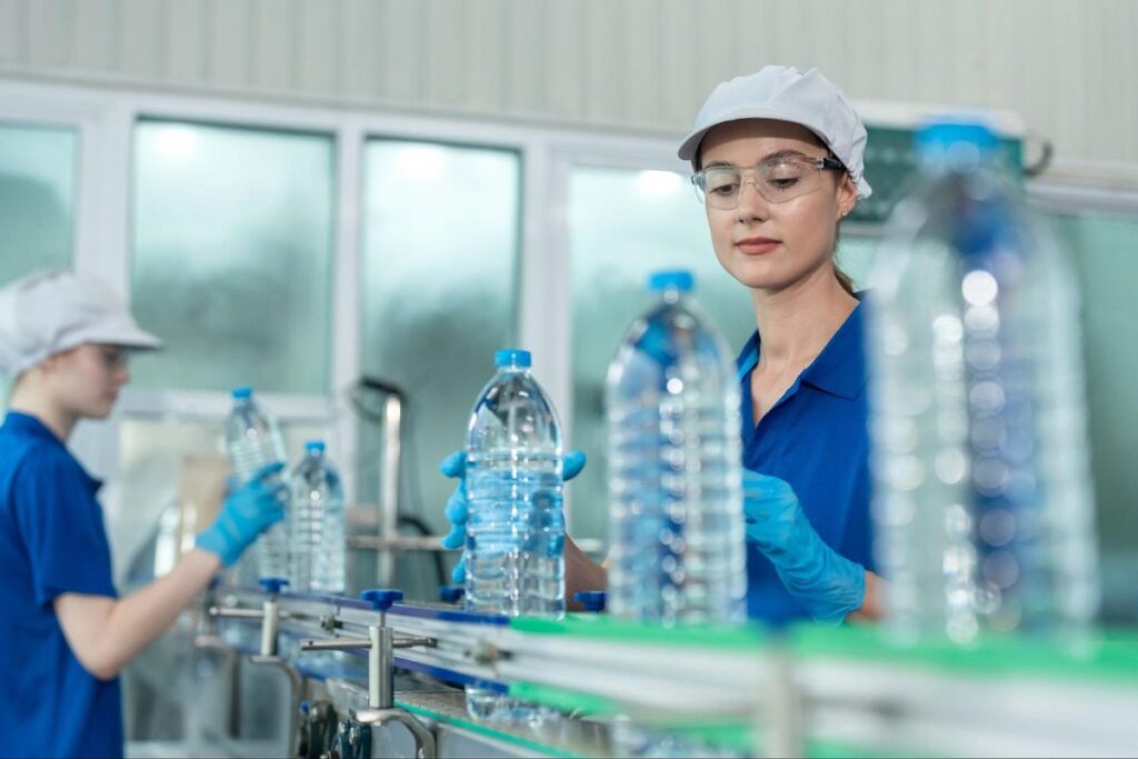 Beverage manufacturing line showing PET bottle conveyance and
back pressure monitoring points