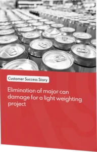Beverage cans on a production line with customer success story about reducing can damage during lightweighting